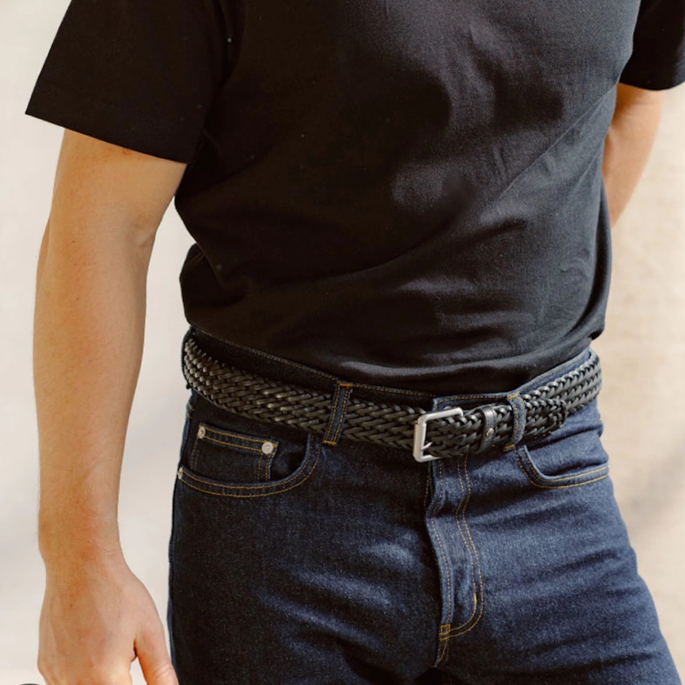 Italian Leather Black Braided Belt 36”